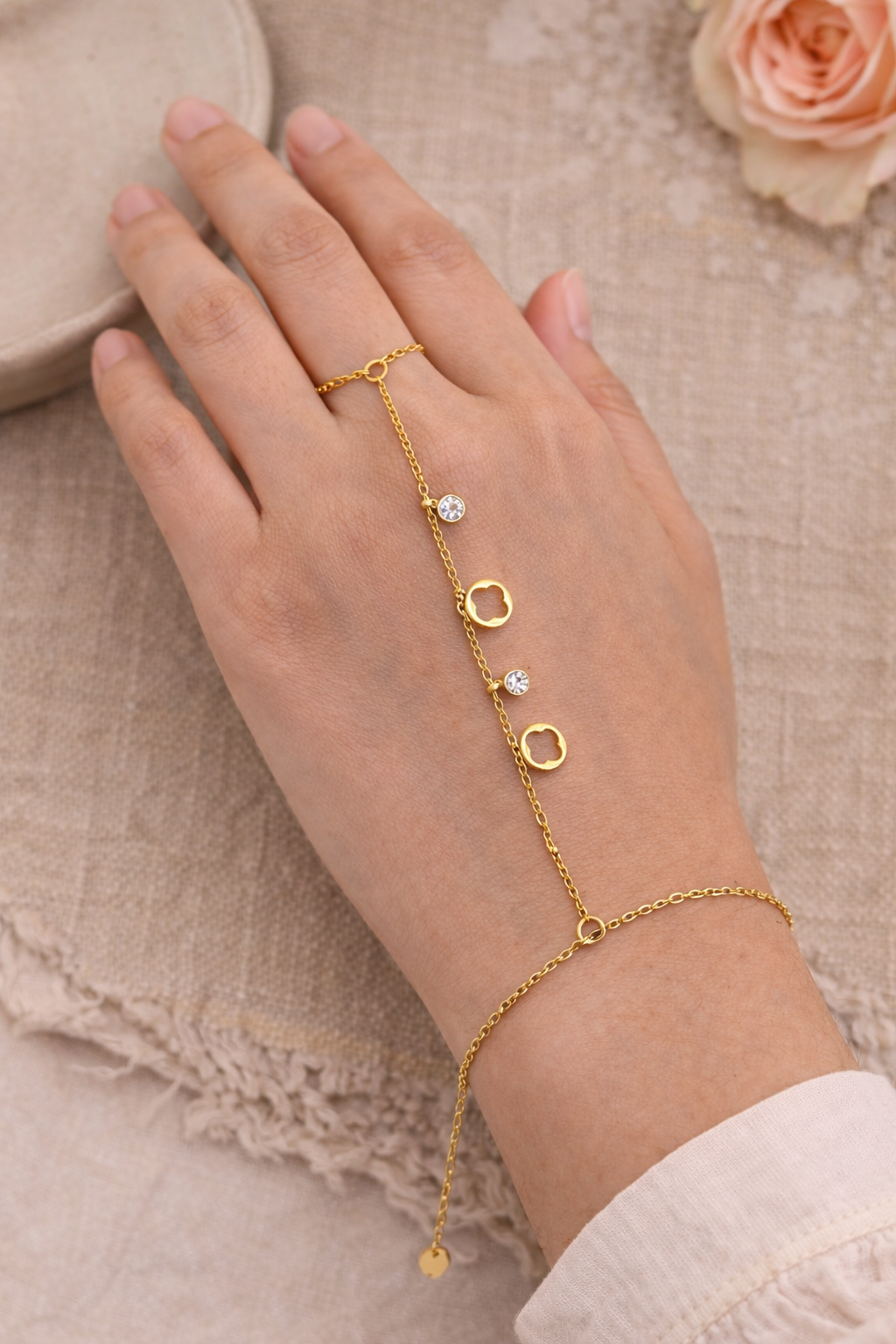 Delicate Gold Chain Bracelet with Ring & Floral Charms