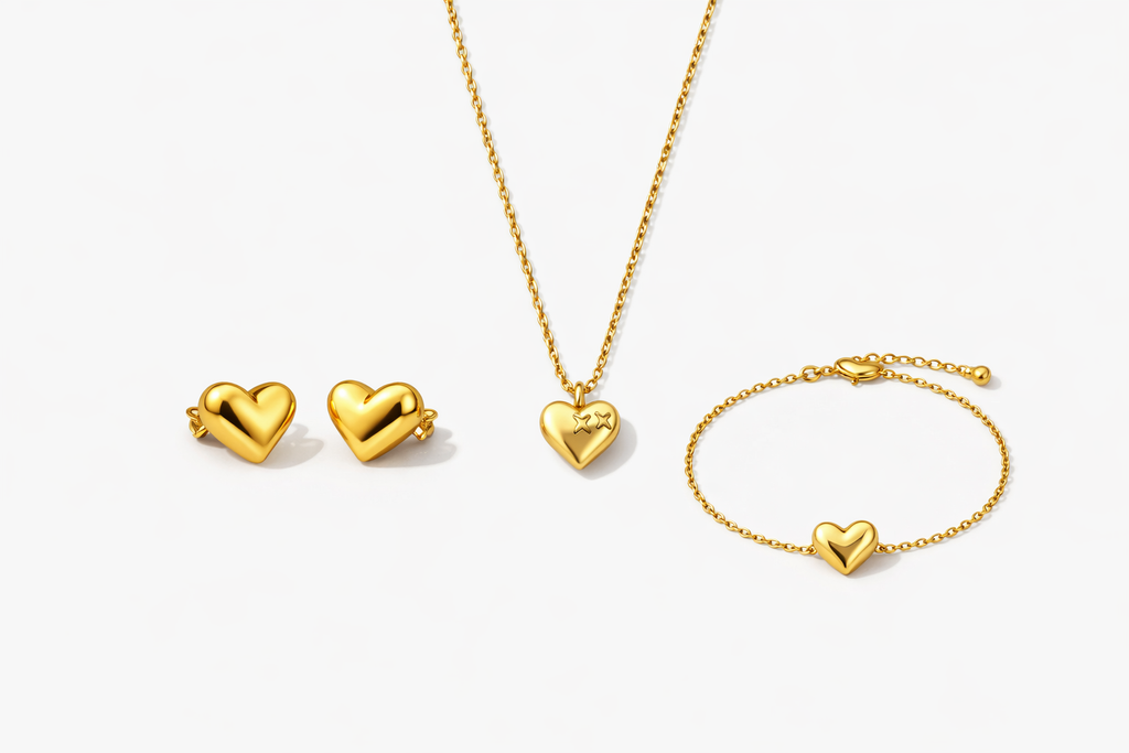 Metal Heart Chain Jewellery Set – Necklace, Bracelet & Ear Studs