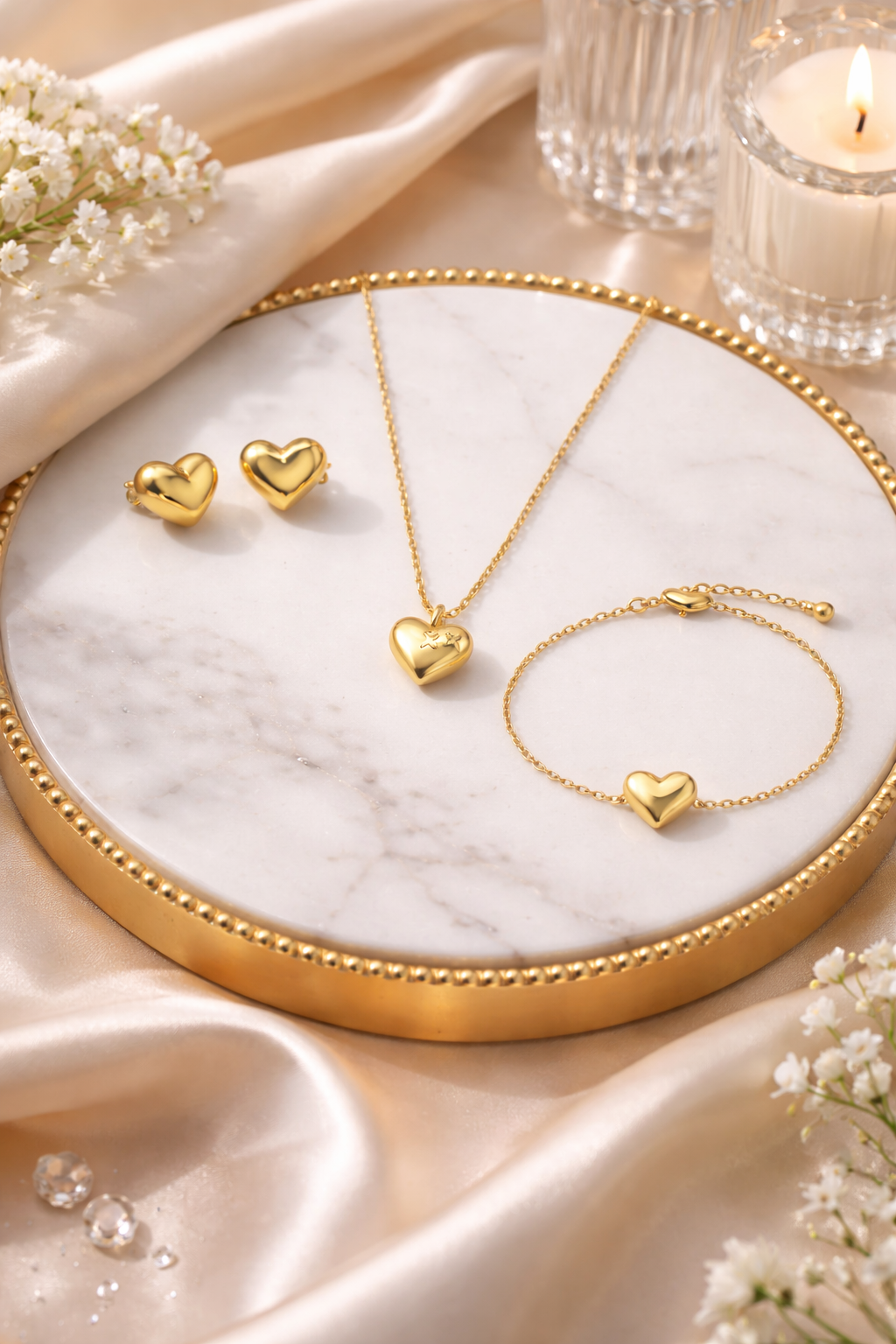 Metal Heart Chain Jewellery Set – Necklace, Bracelet & Ear Studs