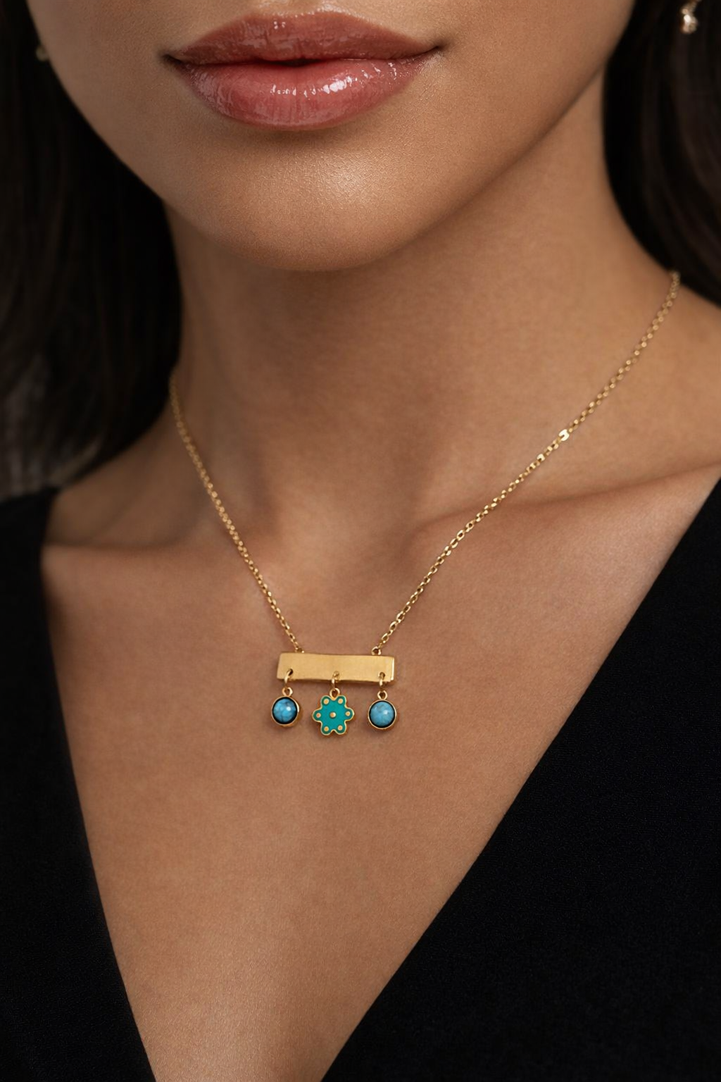 Gold Pendant Necklace with Turquoise Accents