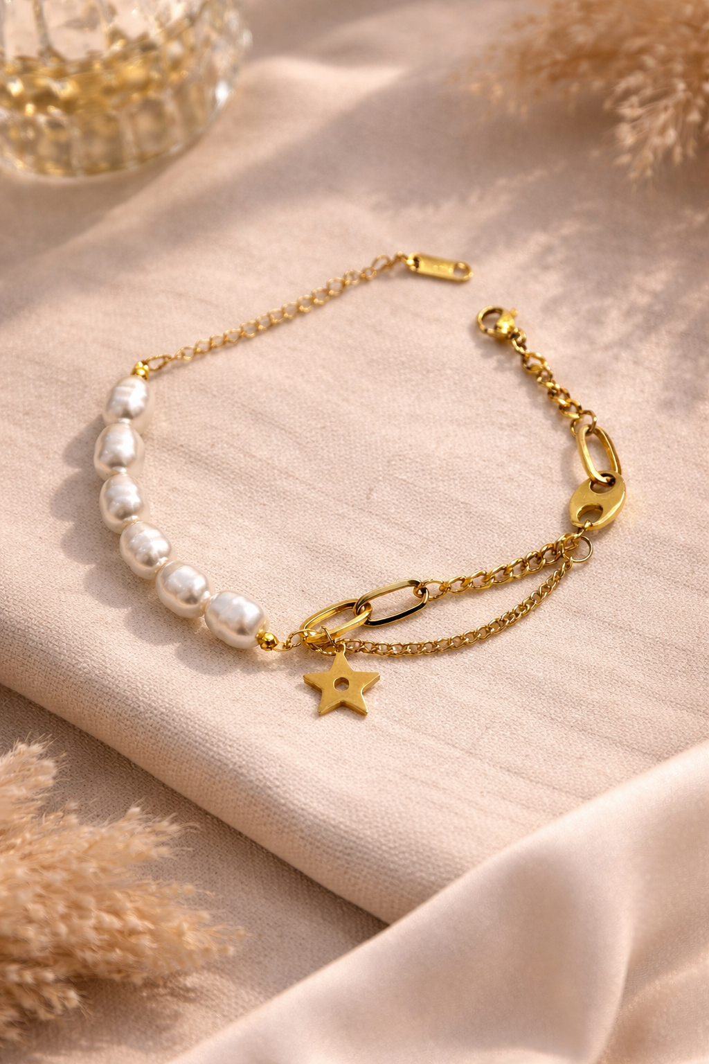 Gold Pearl Bracelet with Star Charm