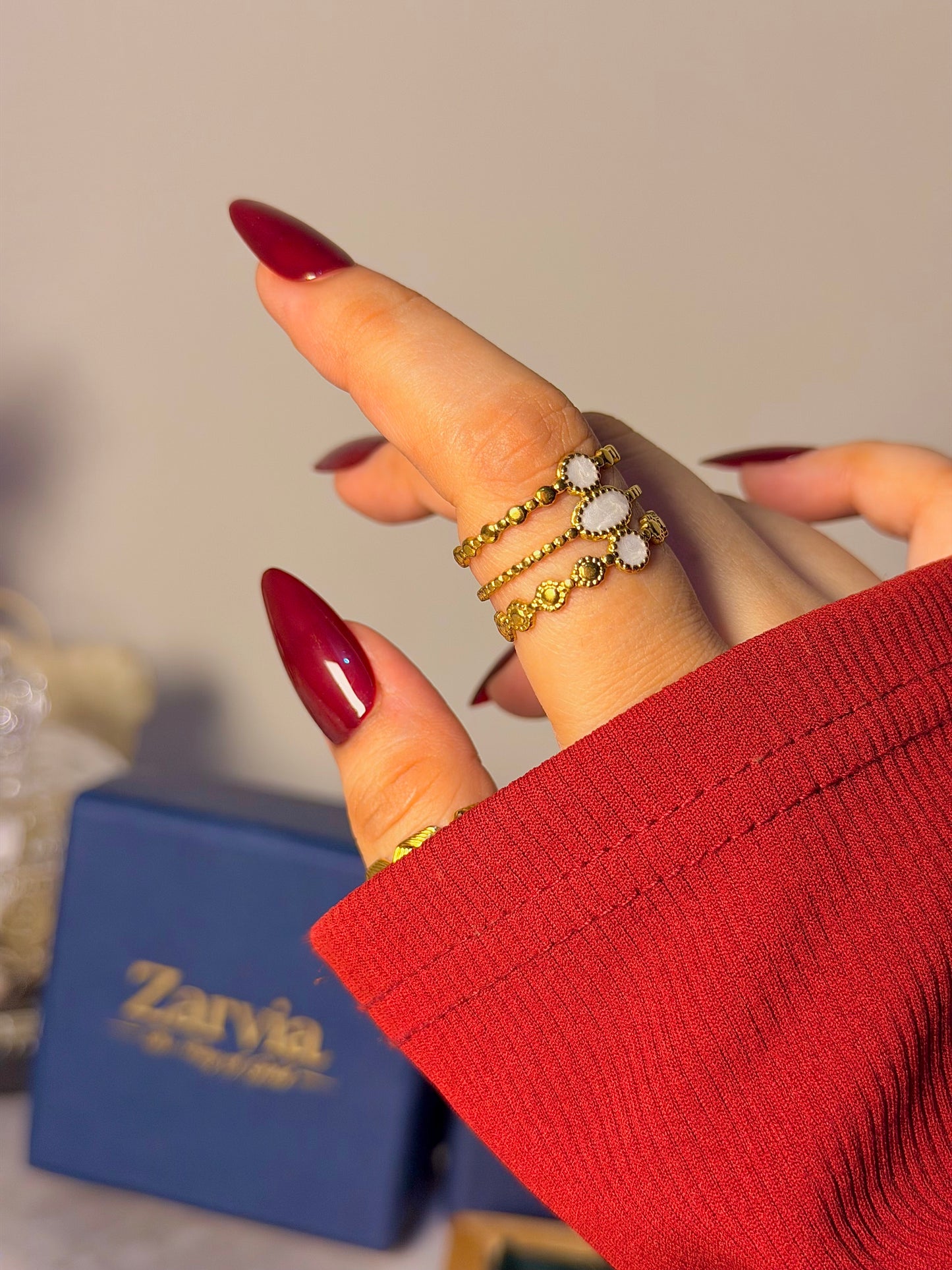 Boho Oval Stone 3 Layered Ring Stack – Gold