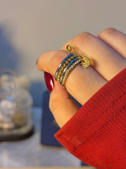Safety Pin Crystal Stainless Steel Statement Ring – Gold & Silver