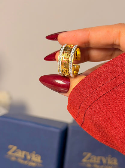 Greek Key Crystal Band Ring - Chunky Luxe Open Ring