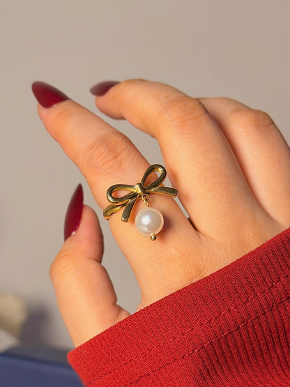 Bow Charm Ring - Pearl Drop Accent
