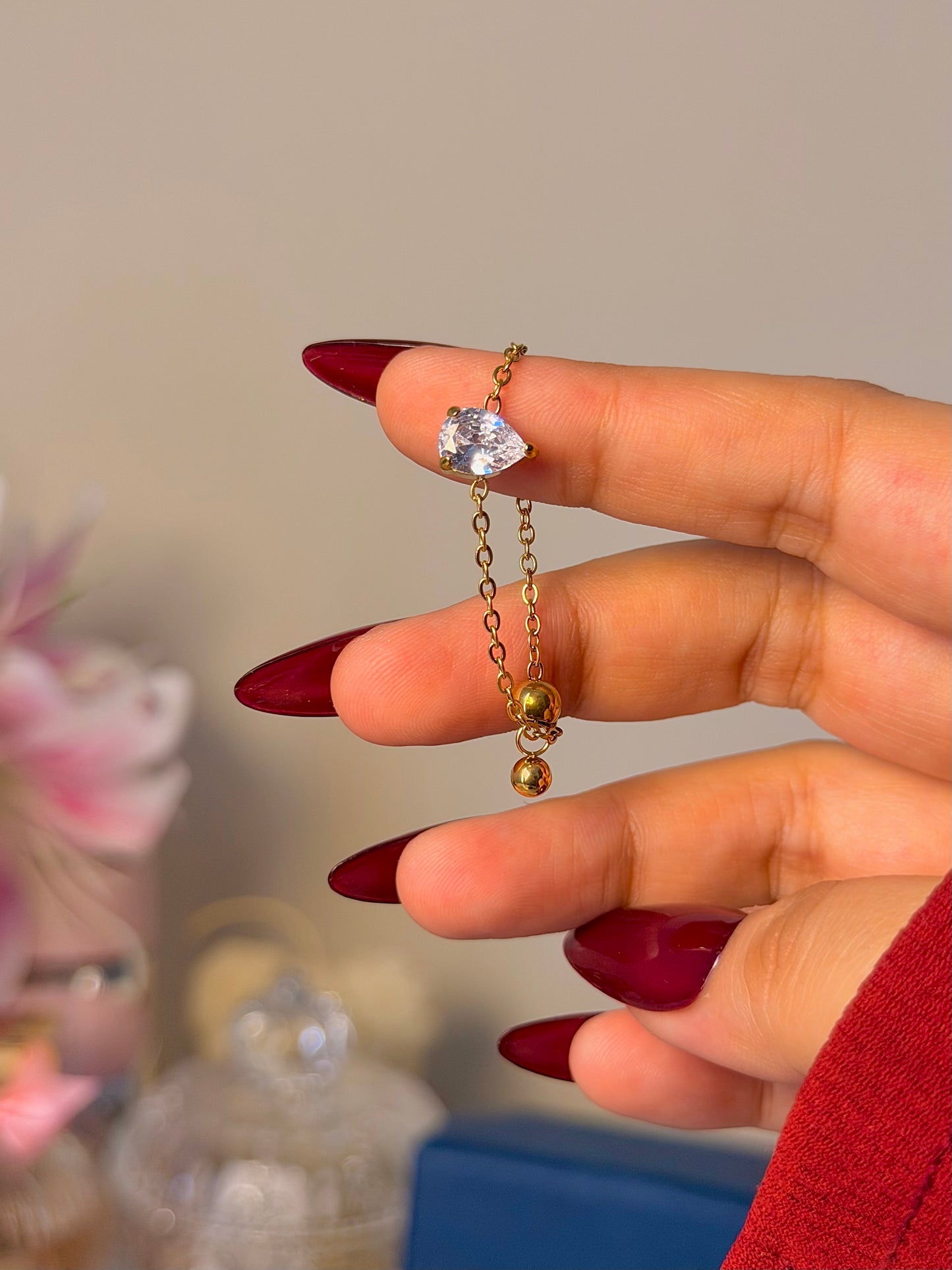 Chain Solitaire Ring - Dainty Minimalist Adjustable Ring