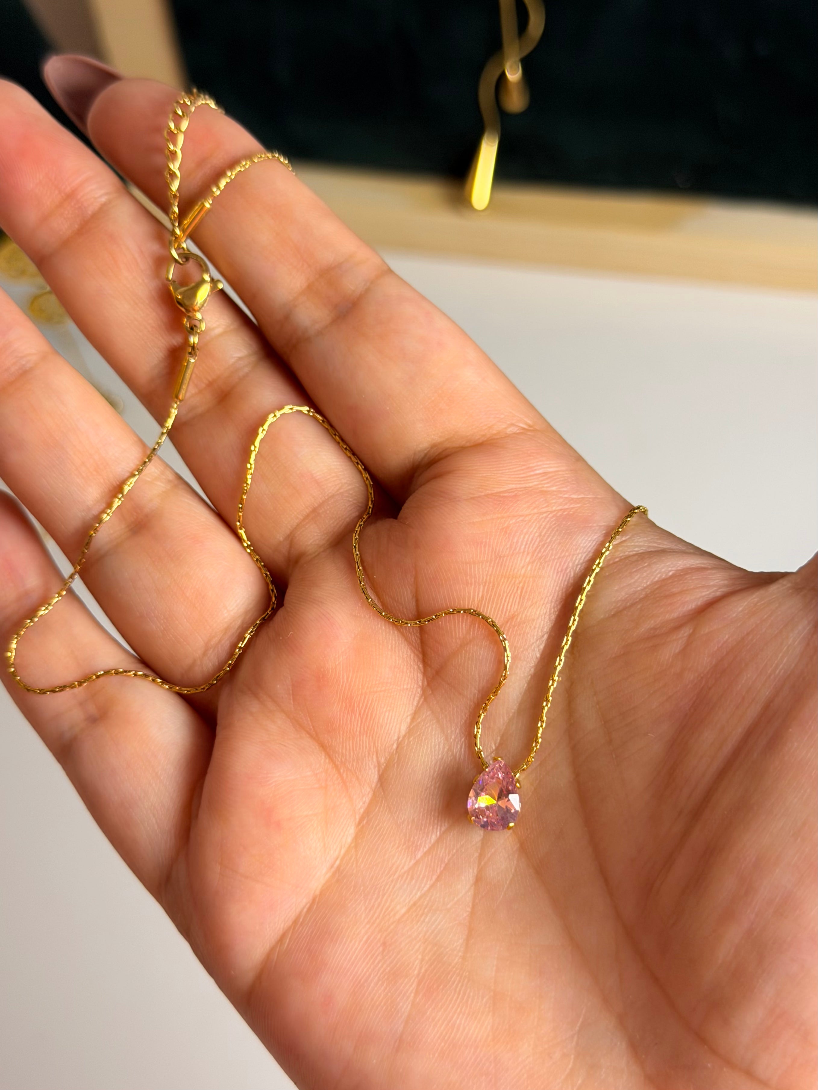 Pink Teardrop Crystal Pendant Necklace