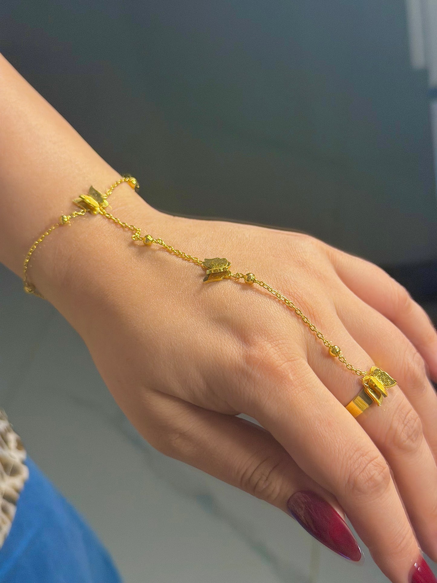 Elegant Butterfly Handpiece Bracelet & Ring Set in Gold