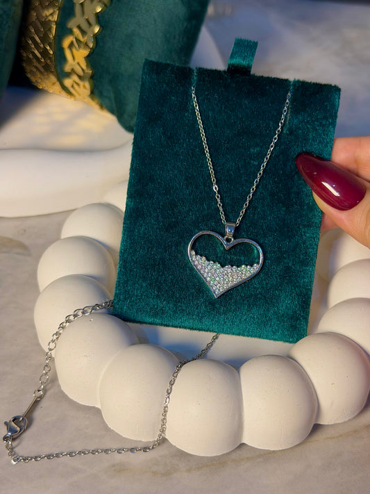 Metal Heart Pendant Necklace with Sparkling Crystals - Silver