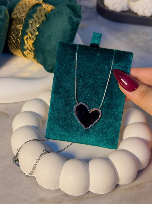 Silver Chain Necklace with Black Heart Pendant