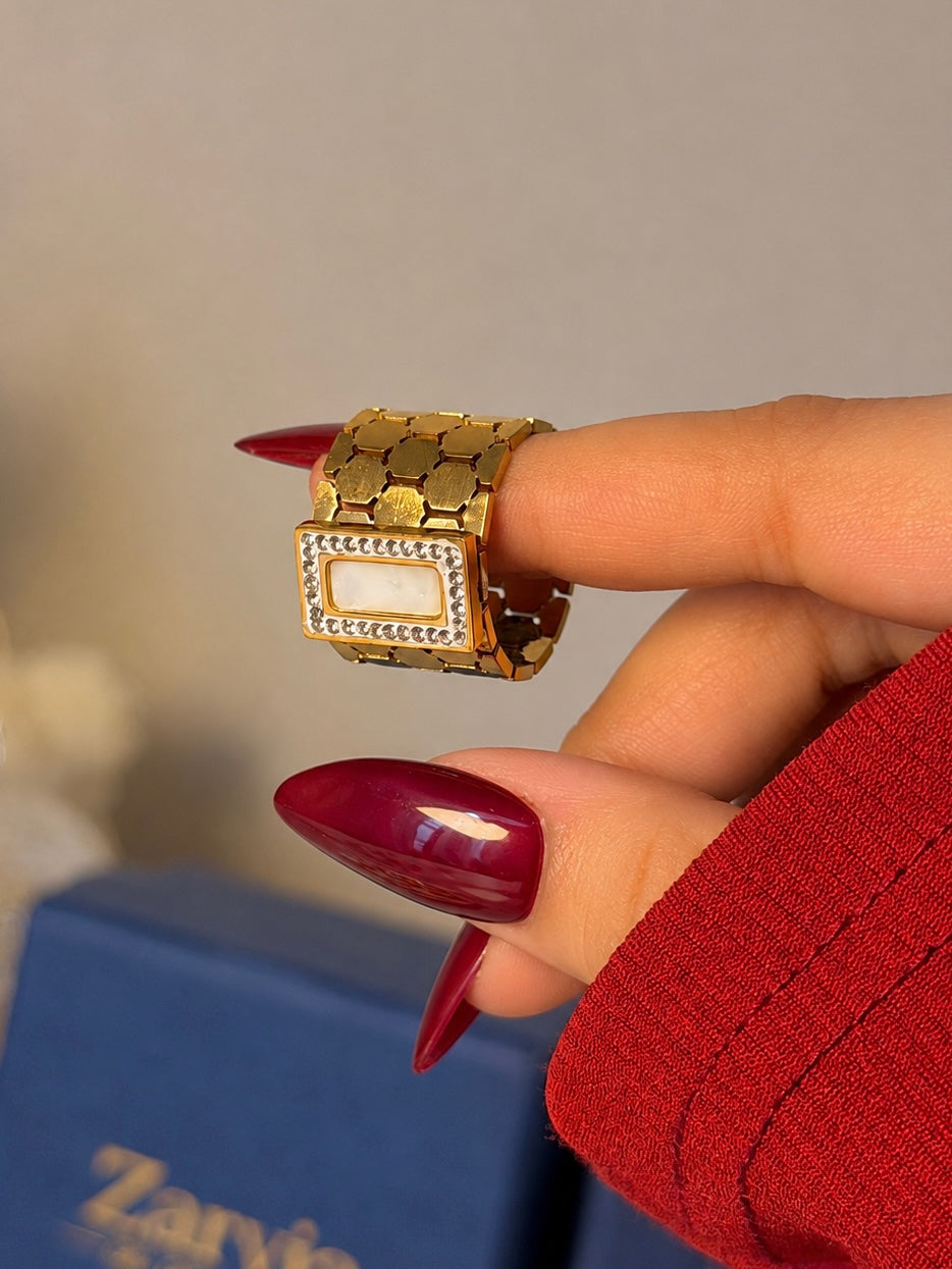 Geometric Mother of Pearl Cocktail Ring – Gold