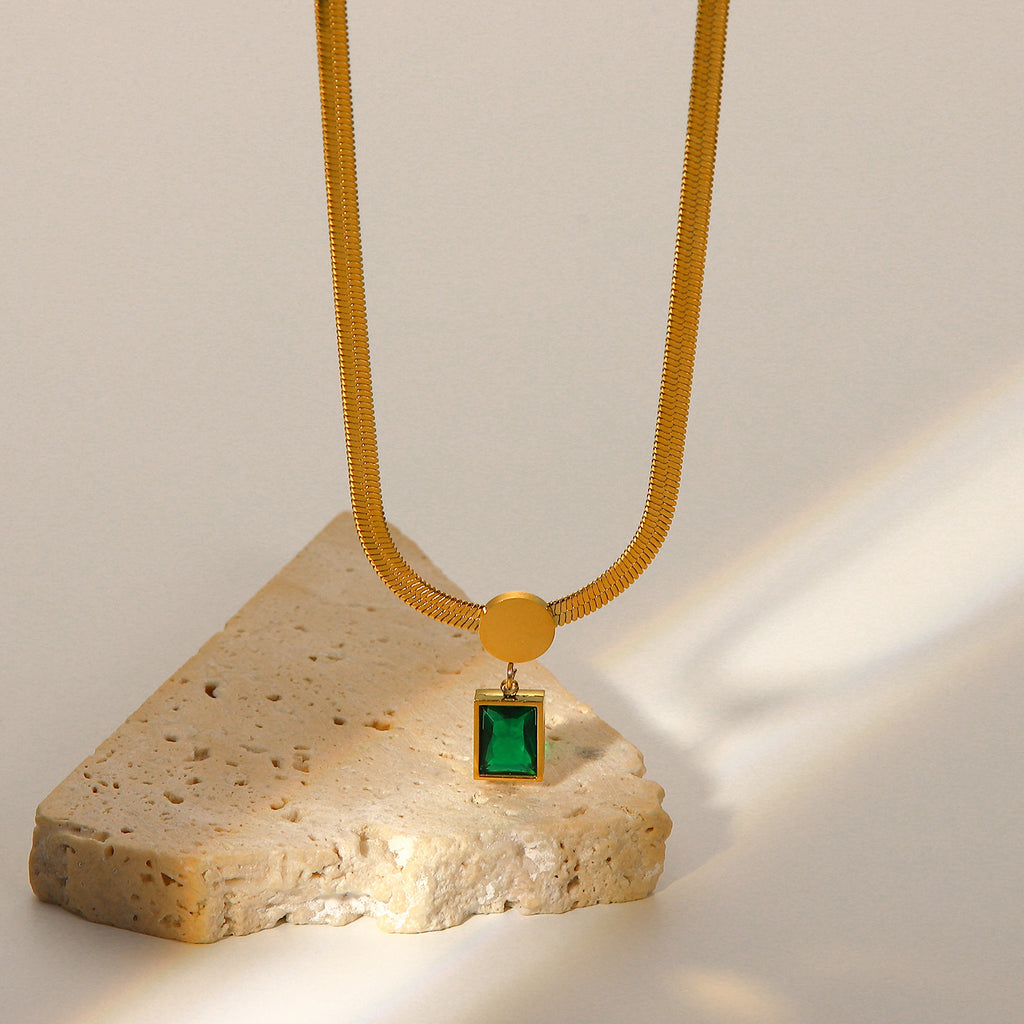 Snake Chain Necklace with Emerald Green Stone