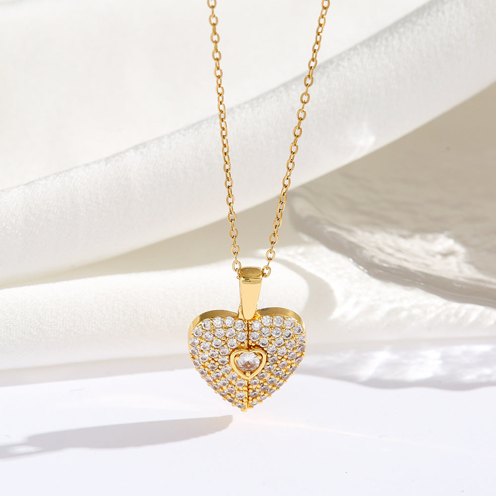 Golden Heart Necklace with Rhinestone Detail and Hidden Heart