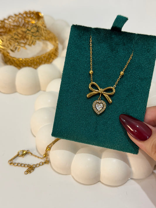 Bow Heart Crystal Charm Necklace