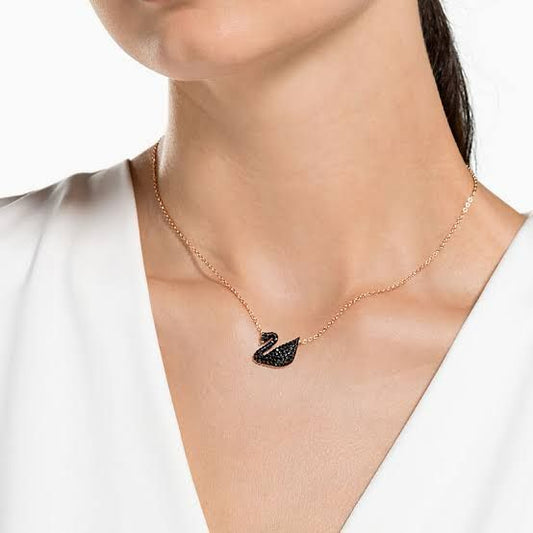 Swan Pendant Necklace with Sparkling Stones - Black