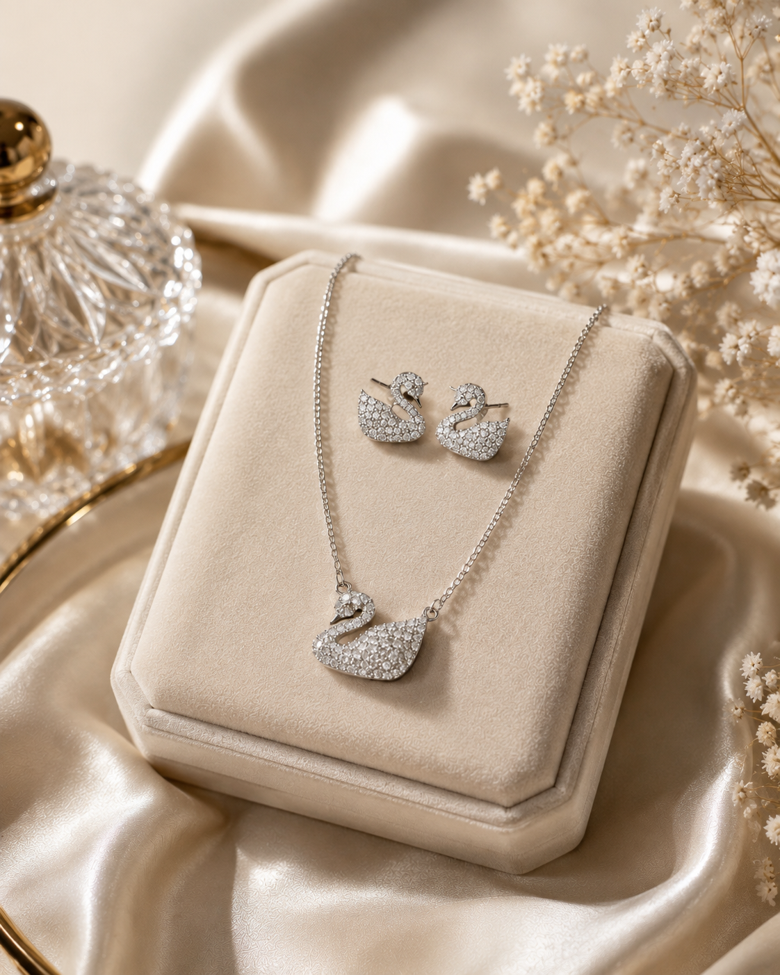 Sparkling Swan Necklace & Stud Earrings Set