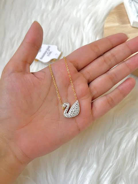 Swan Pendant Necklace with Sparkling Stones - White/Silver