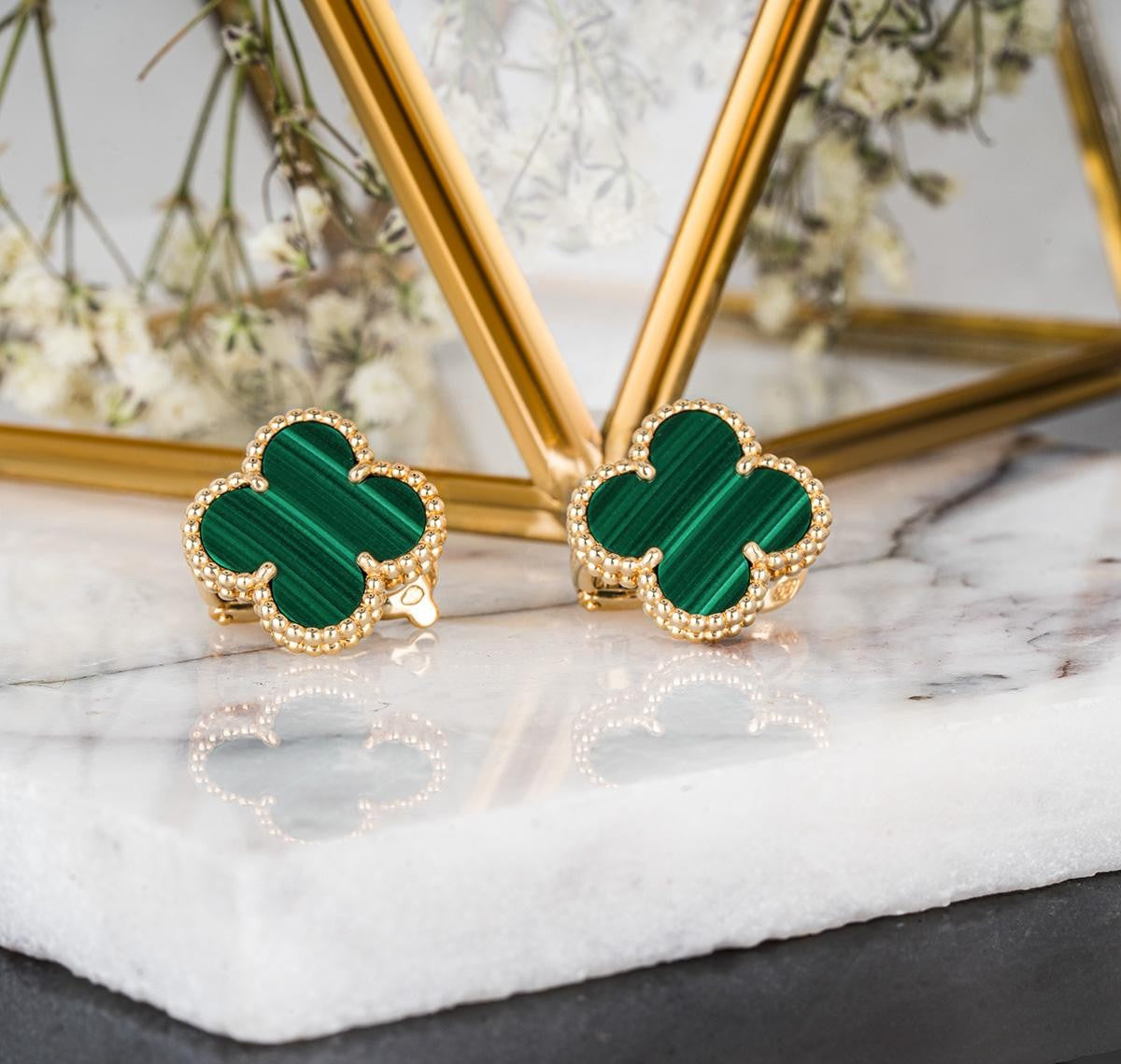 Green Stone Clover Studs Earrings