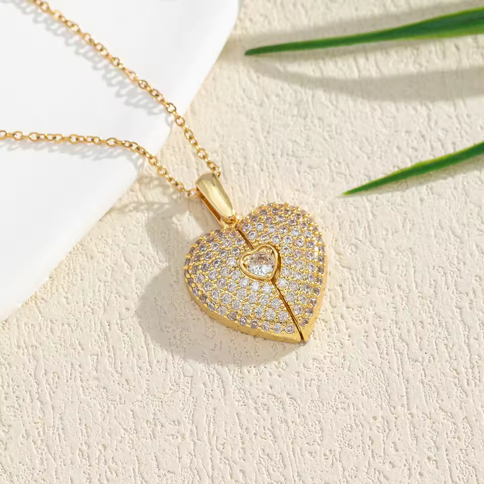 Golden Heart Necklace with Rhinestone Detail and Hidden Heart