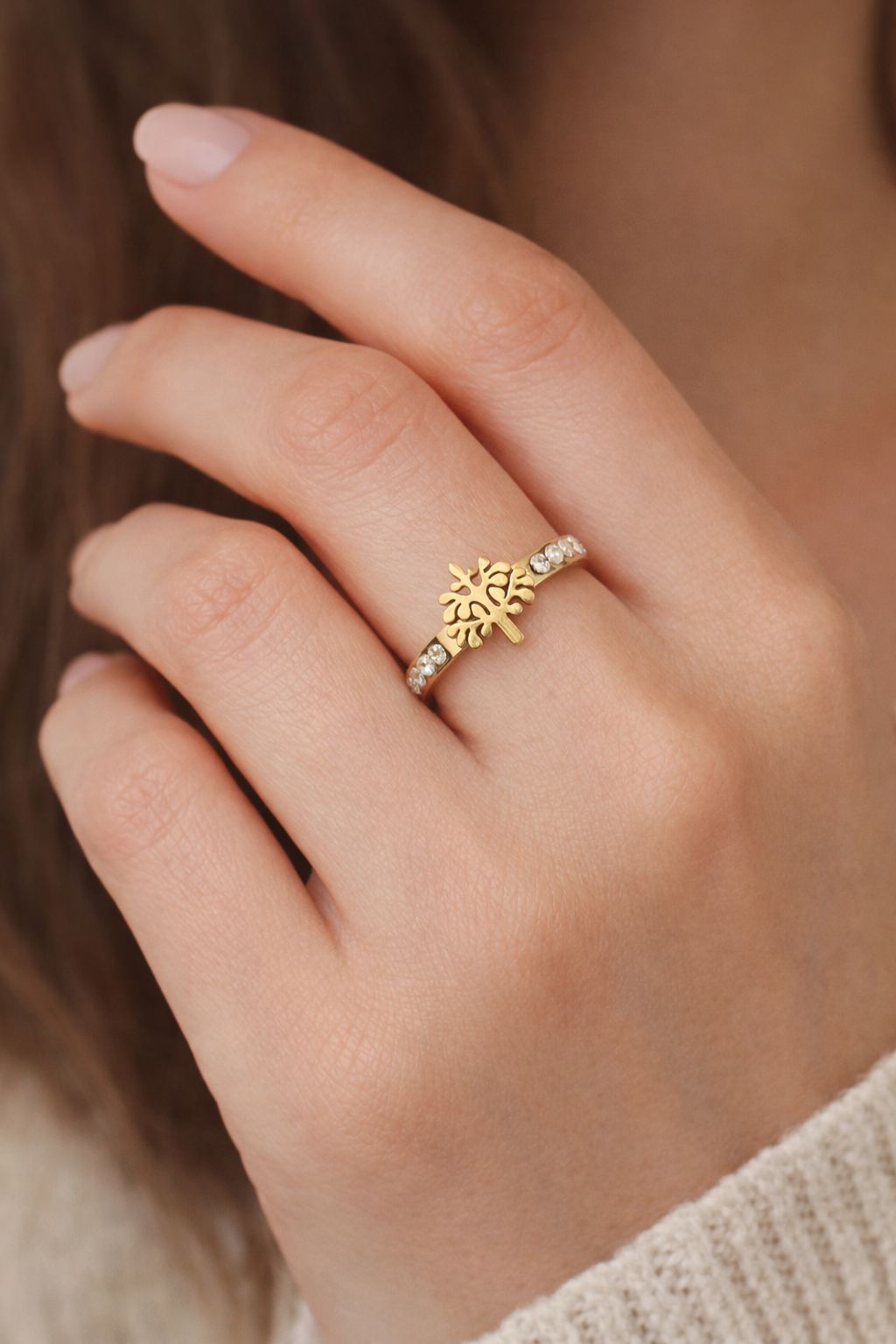 Tree Design Gold-Tone Metal Ring with Stones