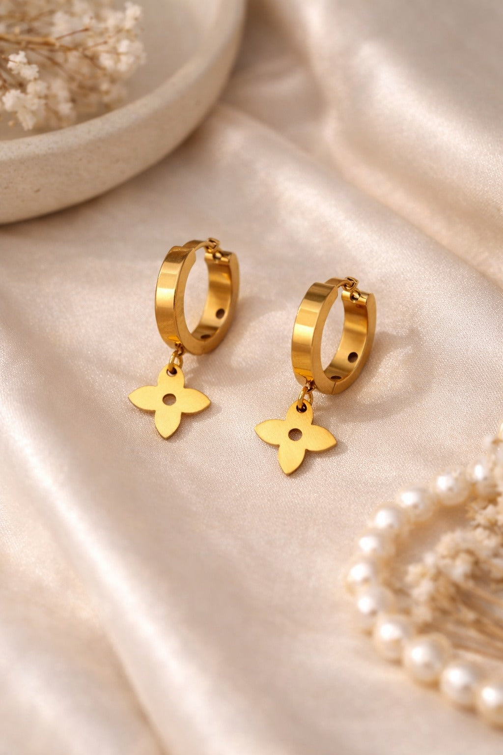 Gold Mini Hoop Earrings with Floral Drop Charm