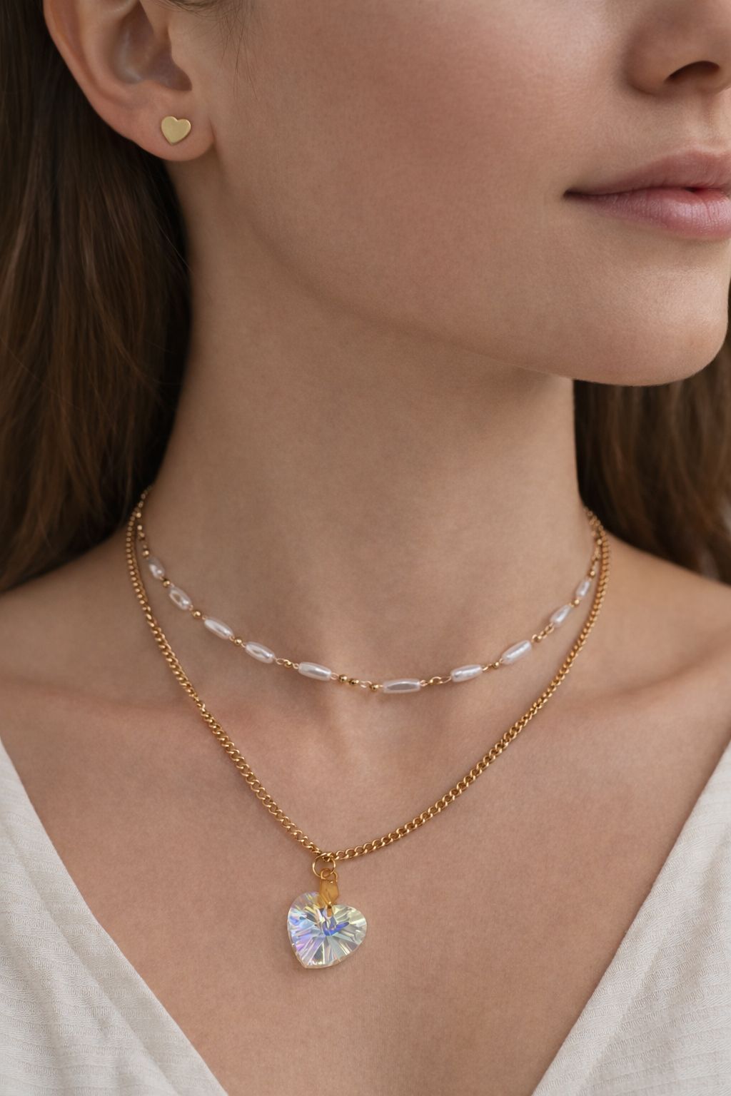 Double Layer Heart Necklace & Studs