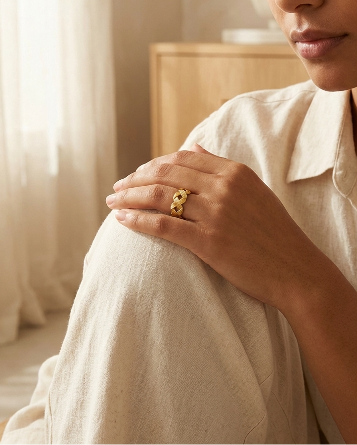 Gold Textured Chain Ring – Minimal Braided Statement Ring