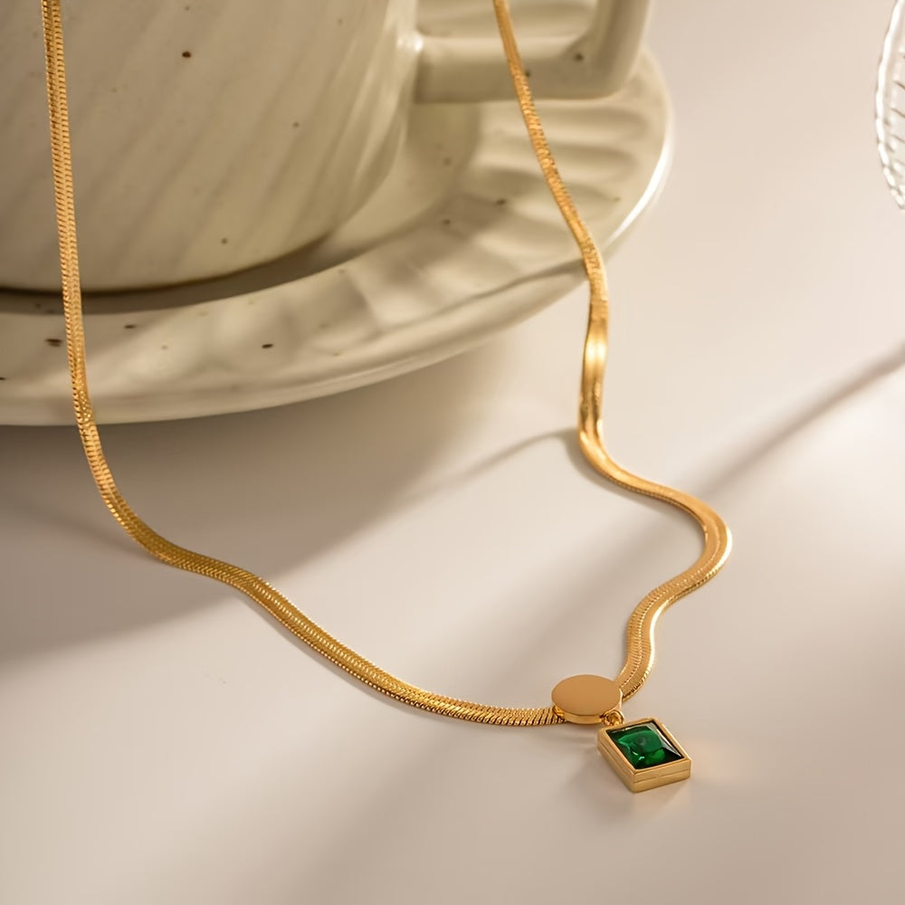 Snake Chain Necklace with Emerald Green Stone