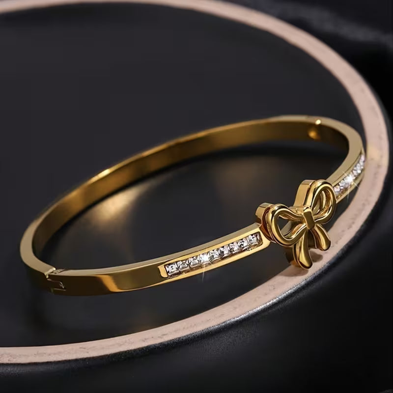 Golden Bow Bangle Bracelet with Crystals