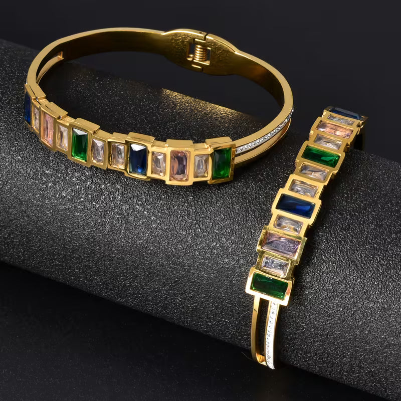 Golden Bangle Bracelet with Colorful Stones