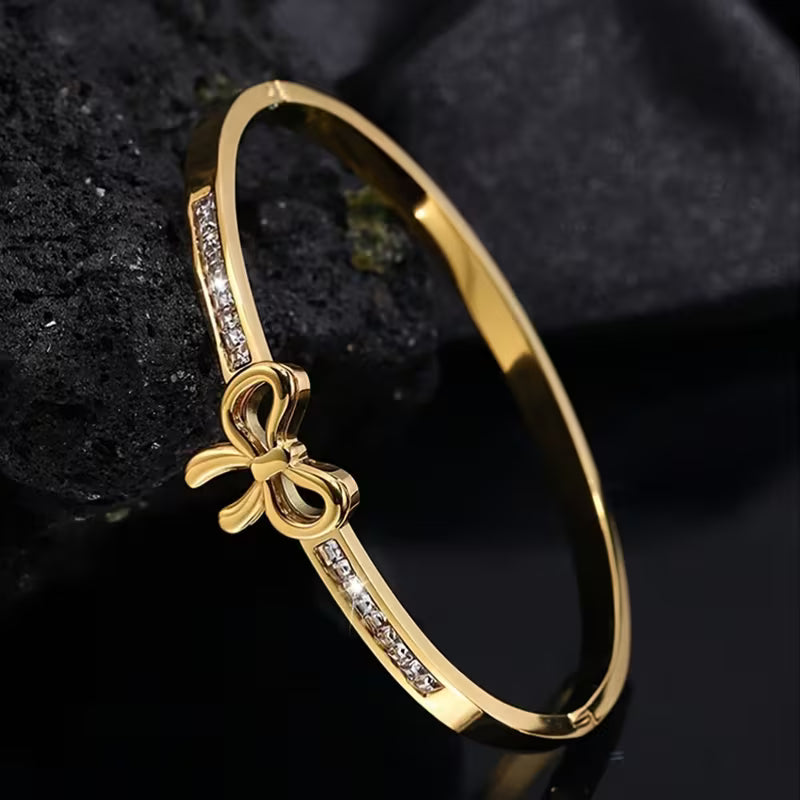 Golden Bow Bangle Bracelet with Crystals