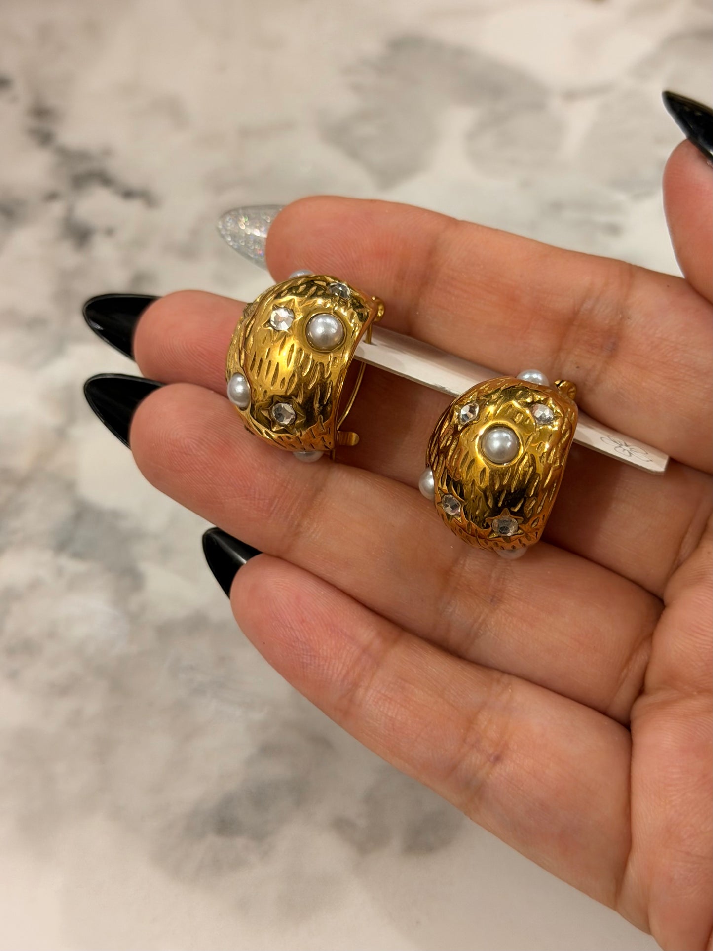 Textured Gold Earrings with Pearl Detail – Premium Look