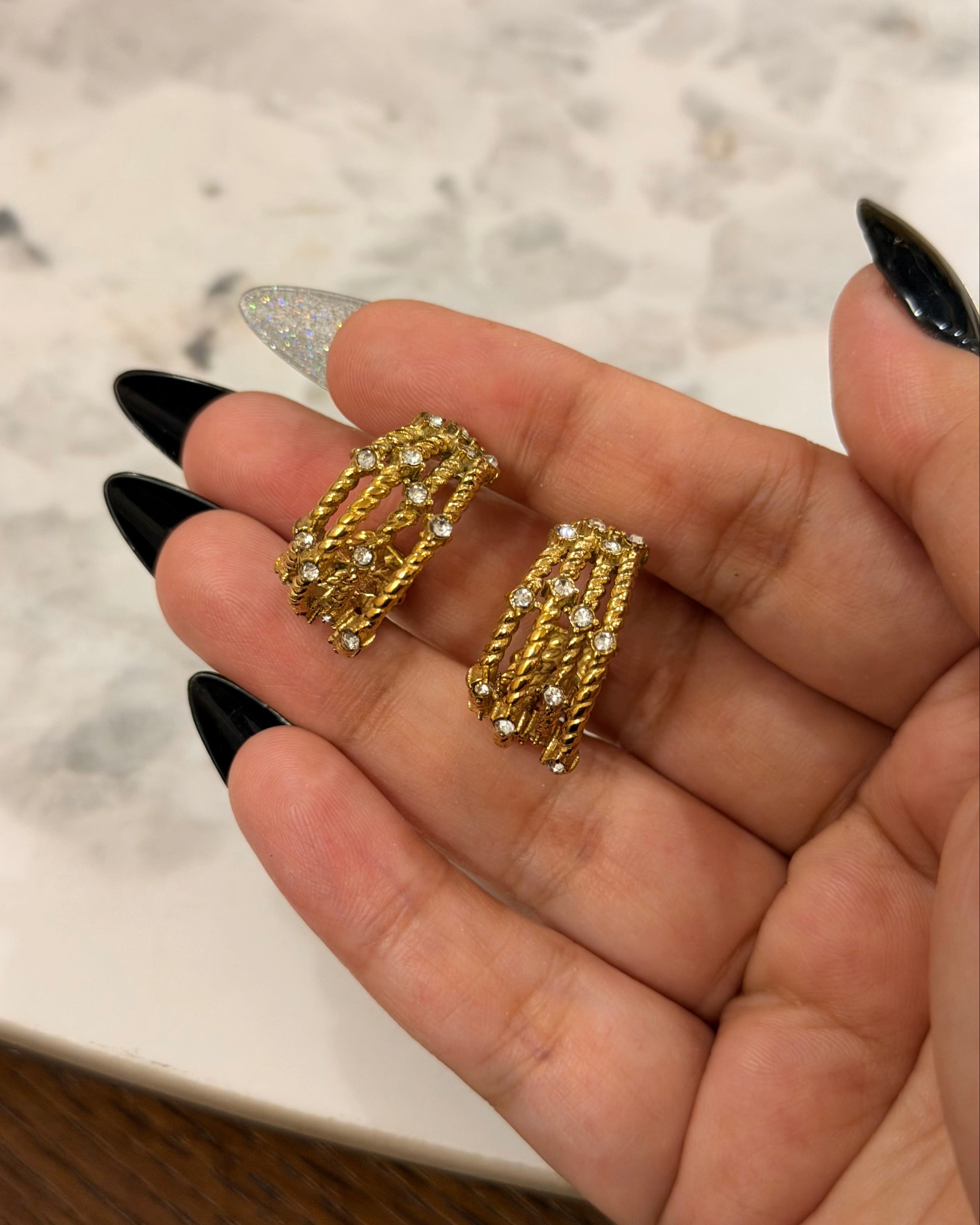 Gold Twisted Hoop Earrings – Elegant Crystal Detail