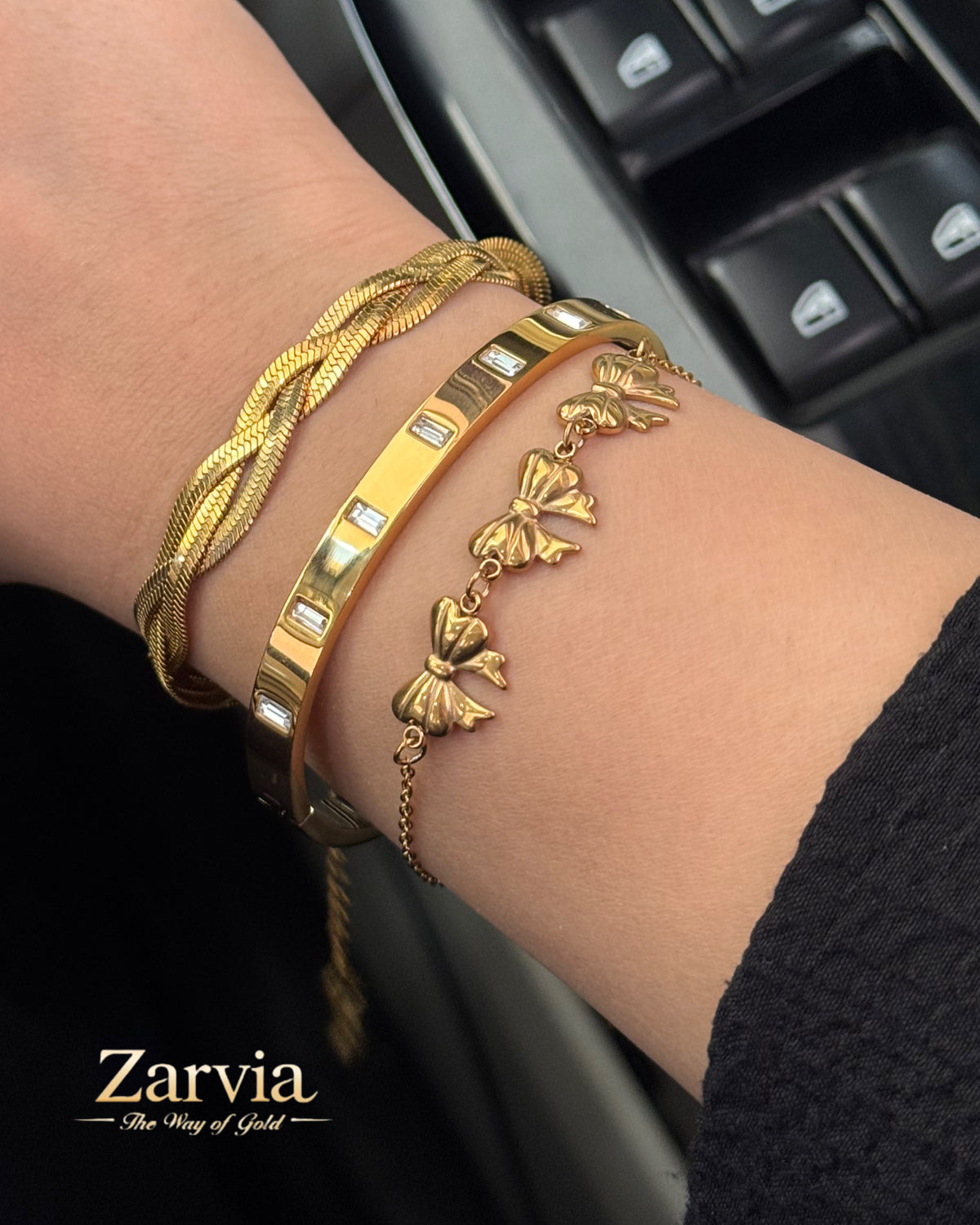 Trendy Trio: Braided, Crystal & Bow Bracelet Set