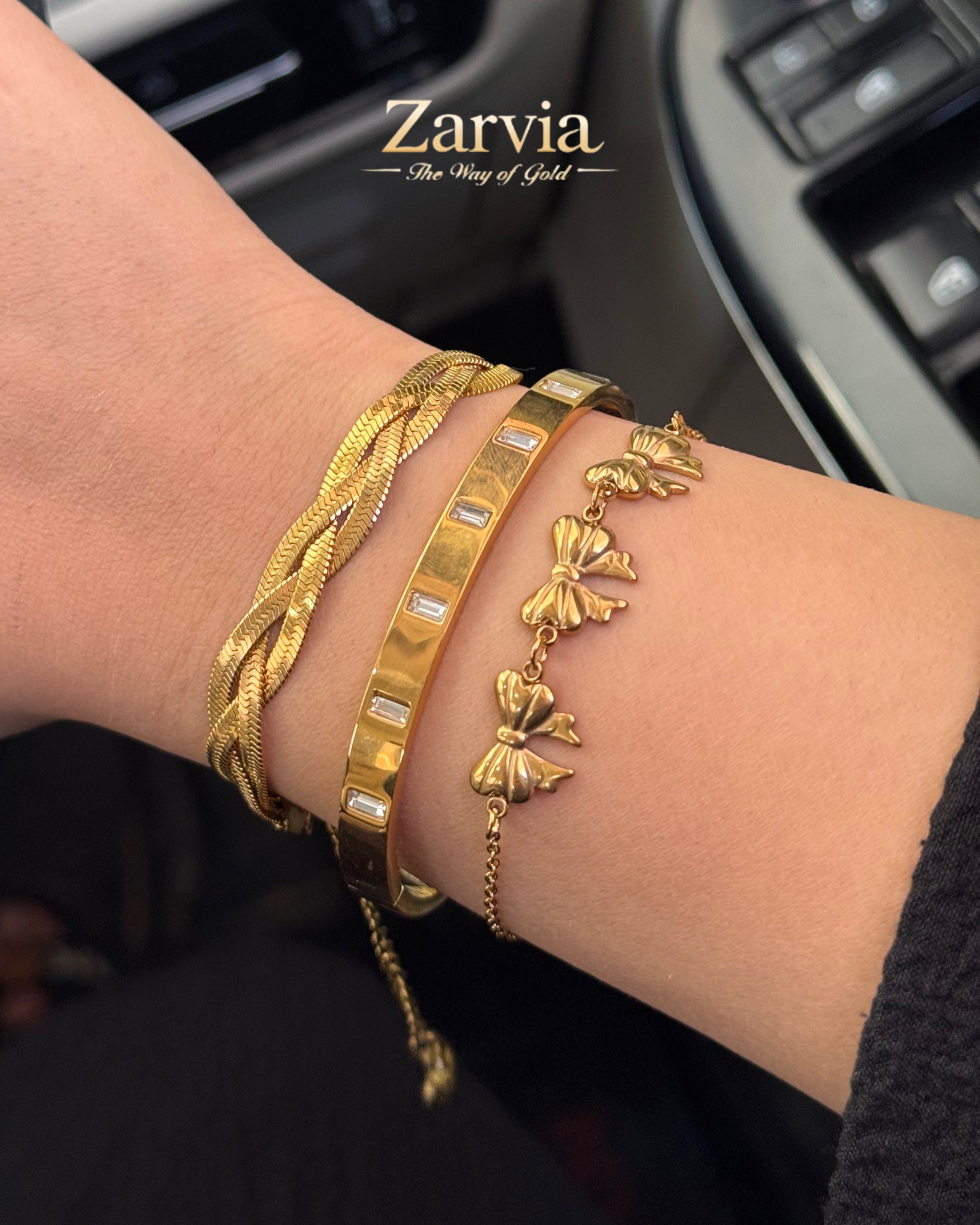 Trendy Trio: Braided, Crystal & Bow Bracelet Set