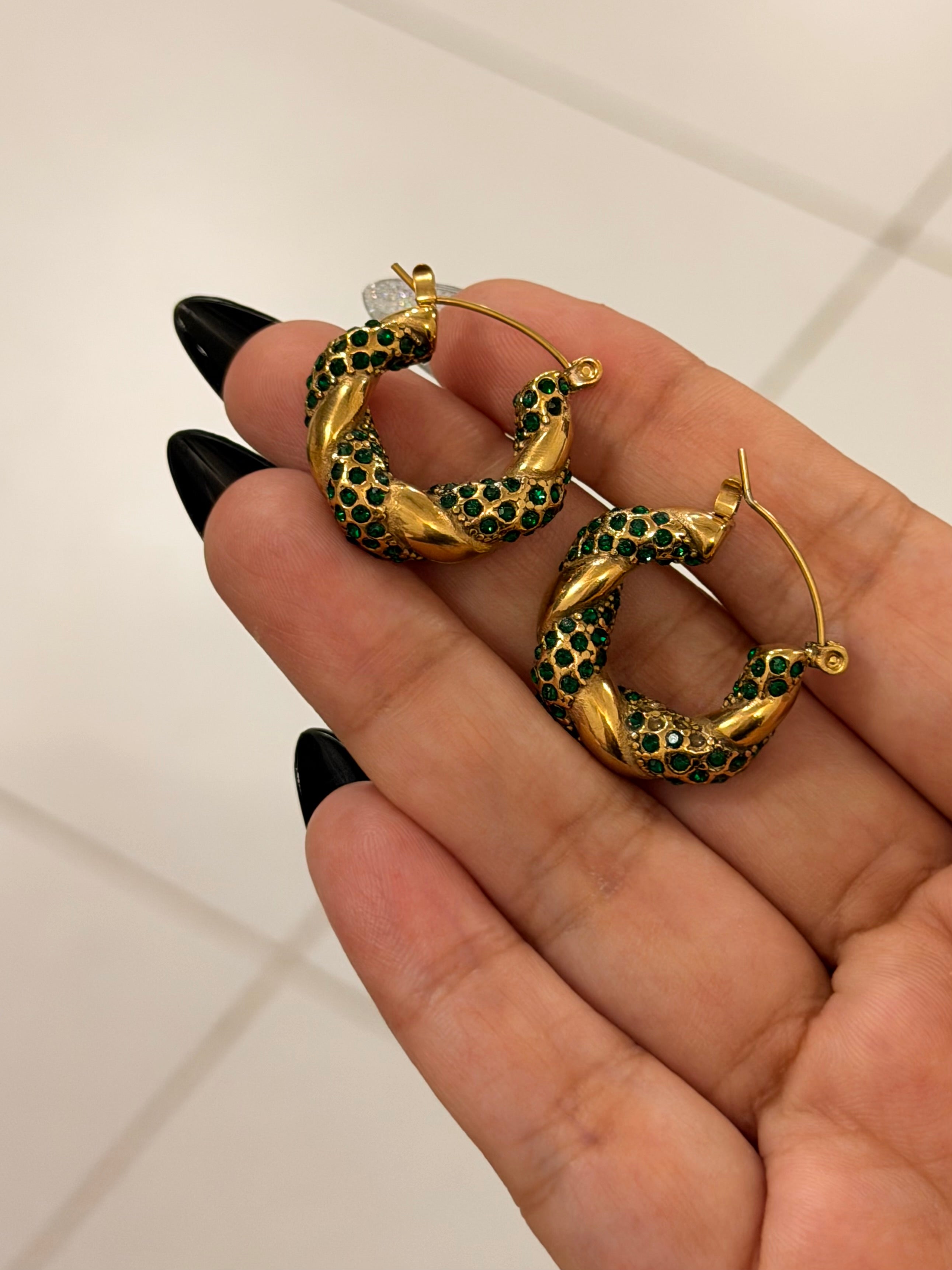 Gold Twisted Hoop Earrings with Dark Green Stones – Statement Chunky Designer Style