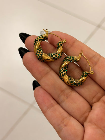 Gold Twisted Hoop Earrings with Dark Green Stones – Statement Chunky Designer Style