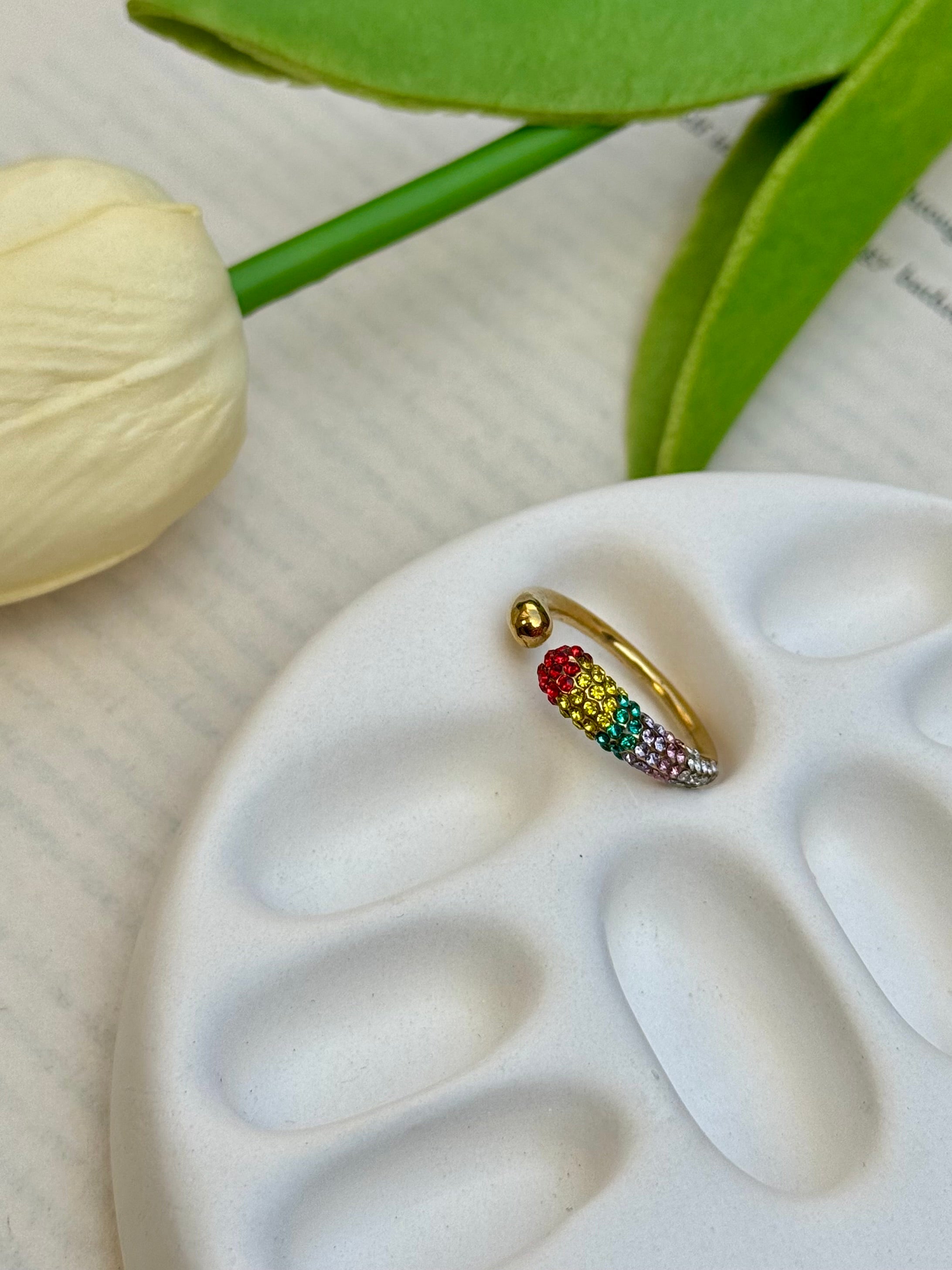 Rainbow Crystal Open Cuff Ring – Gold Adjustable Minimal Statement Ring
