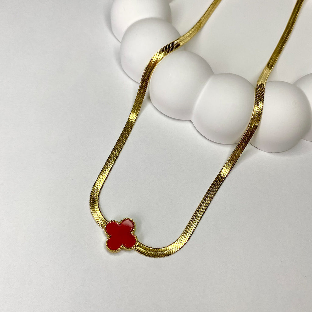 Luxury Red Clover Necklace on a Golden Snake Chain