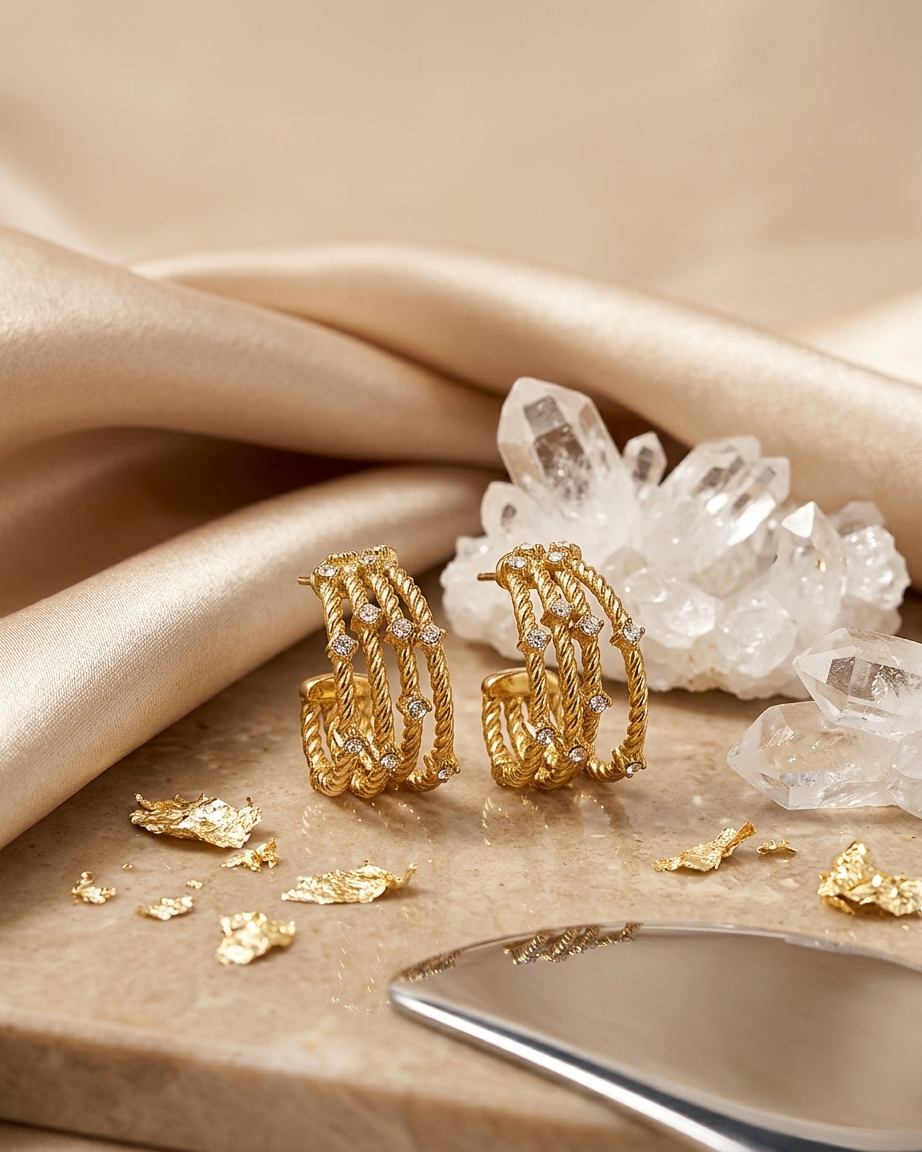 Gold Twisted Hoop Earrings – Elegant Crystal Detail