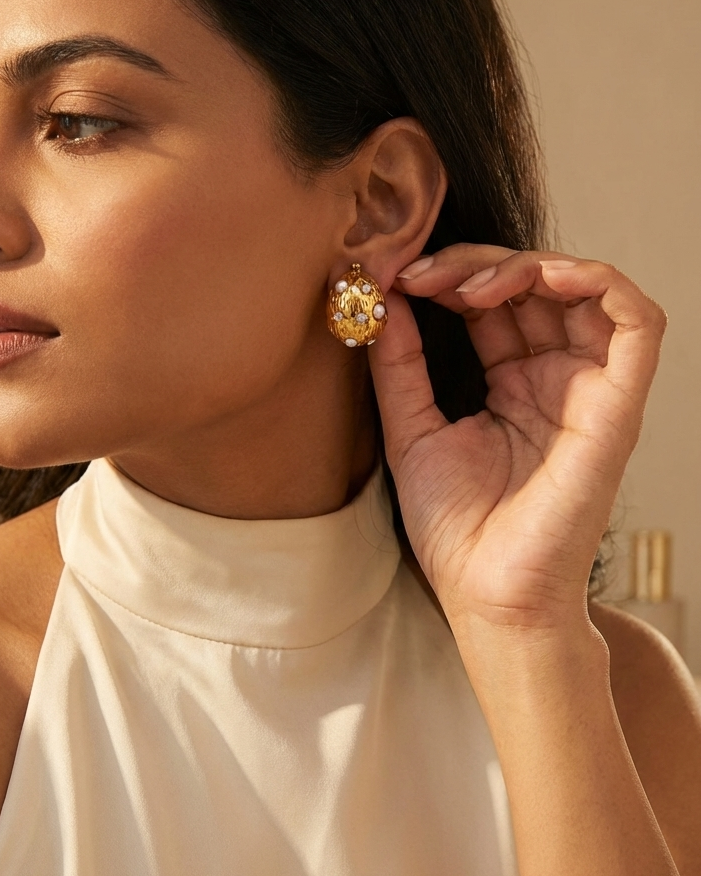 Textured Gold Earrings with Pearl Detail – Premium Look