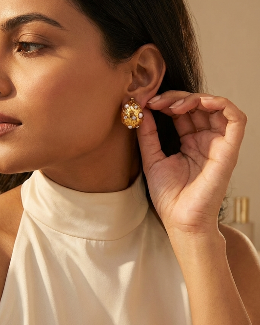 Textured Gold Earrings with Pearl Detail – Premium Look