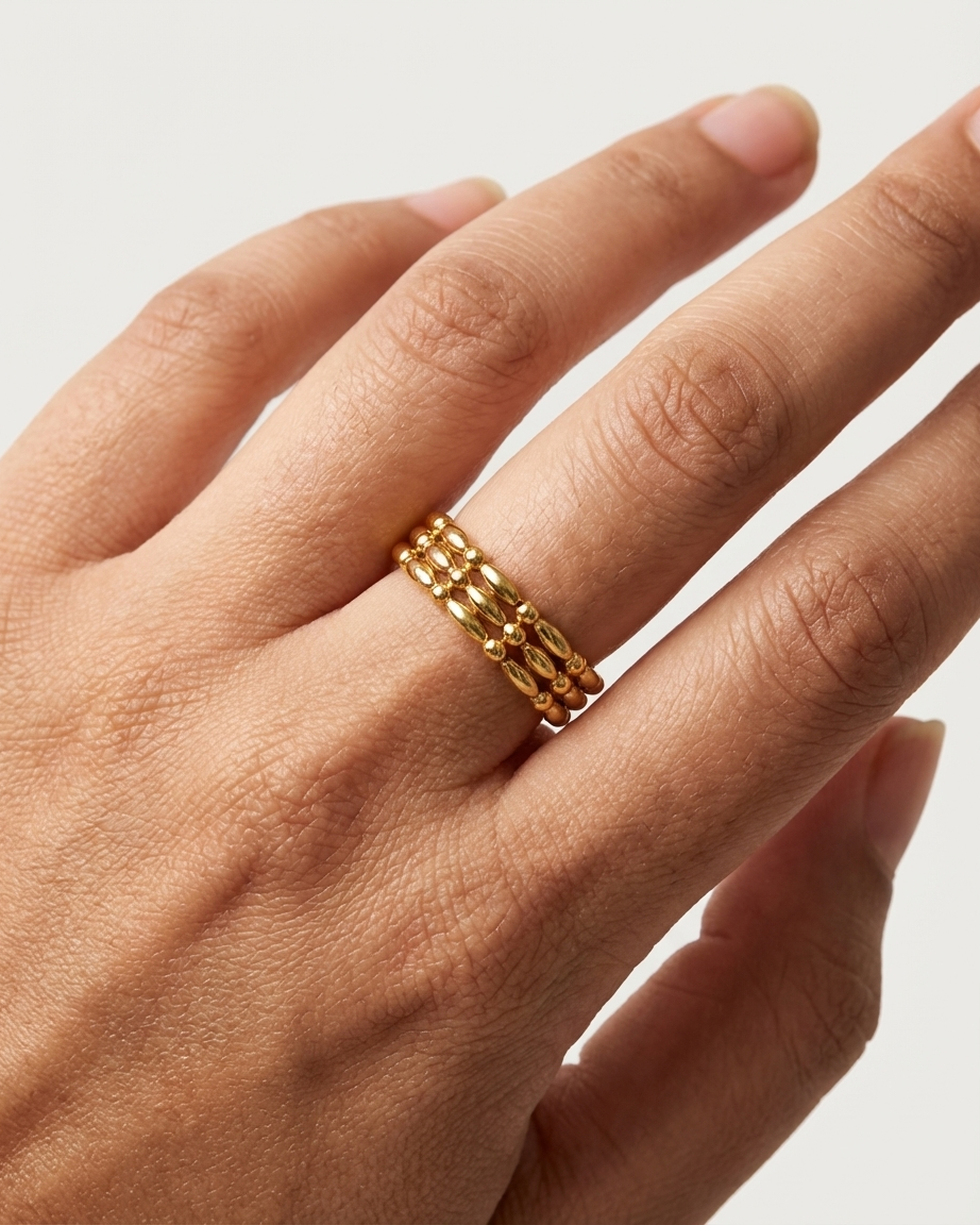 Delicate Gold Ring – Beaded Detail Adjustable Chain Ring