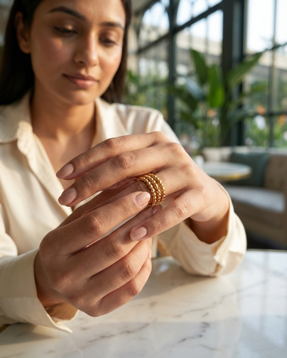 Delicate Gold Ring – Beaded Detail Adjustable Chain Ring