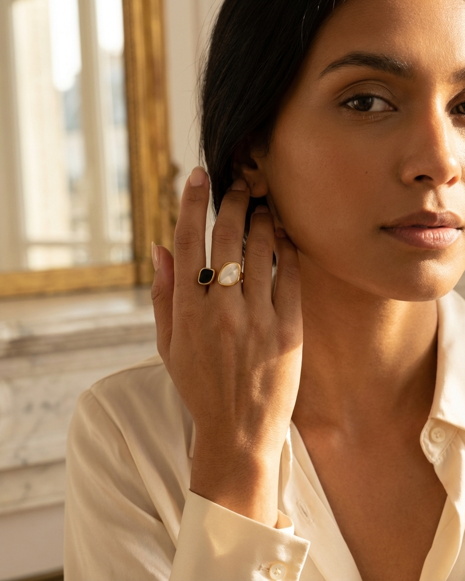 Modern Gold Open Ring – Black & Pearl Stone Style
