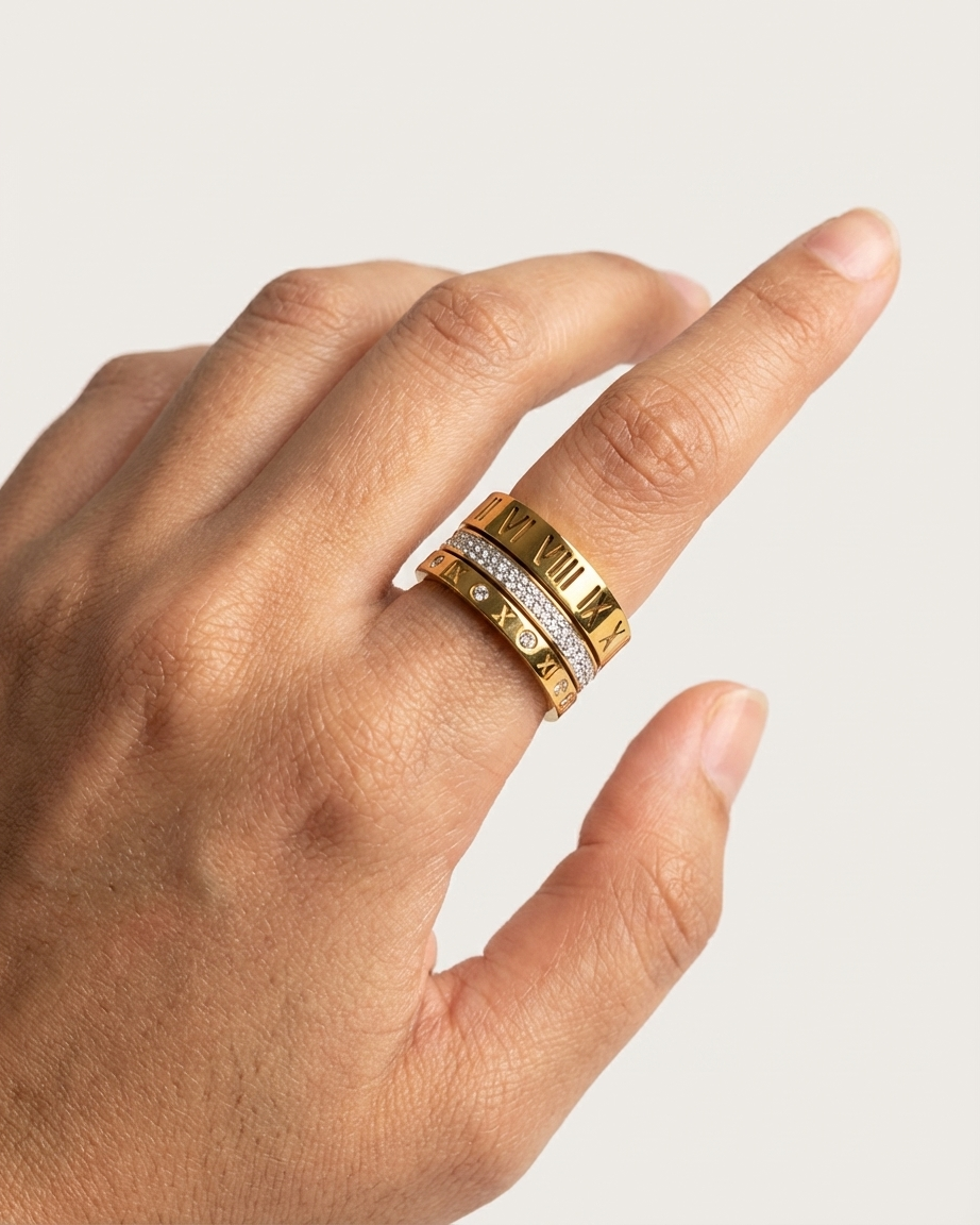 Gold Roman Numeral Ring – Elegant Crystal Band