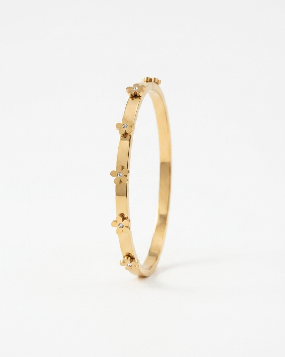 Elegant Gold Floral Bangle with Diamond Accents