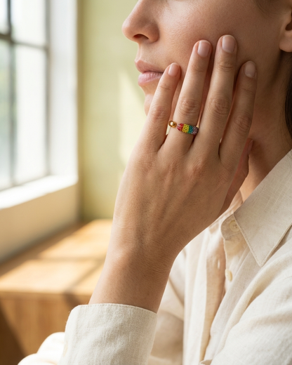 Rainbow Crystal Open Cuff Ring – Gold Minimal Statement Ring