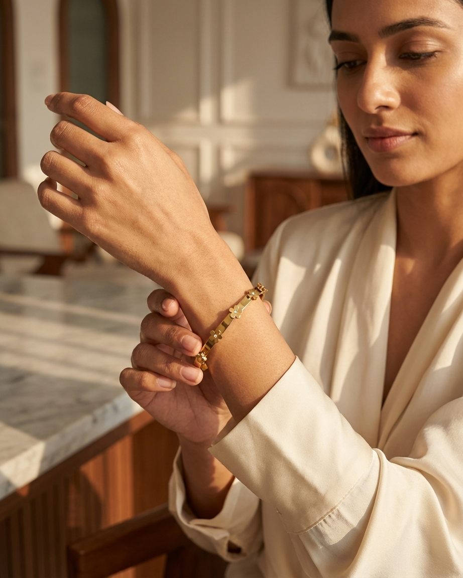 Elegant Gold Floral Bangle with Diamond Accents