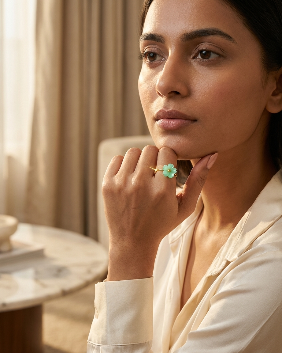 Gold Adjustable Floral Ring with Green Flower